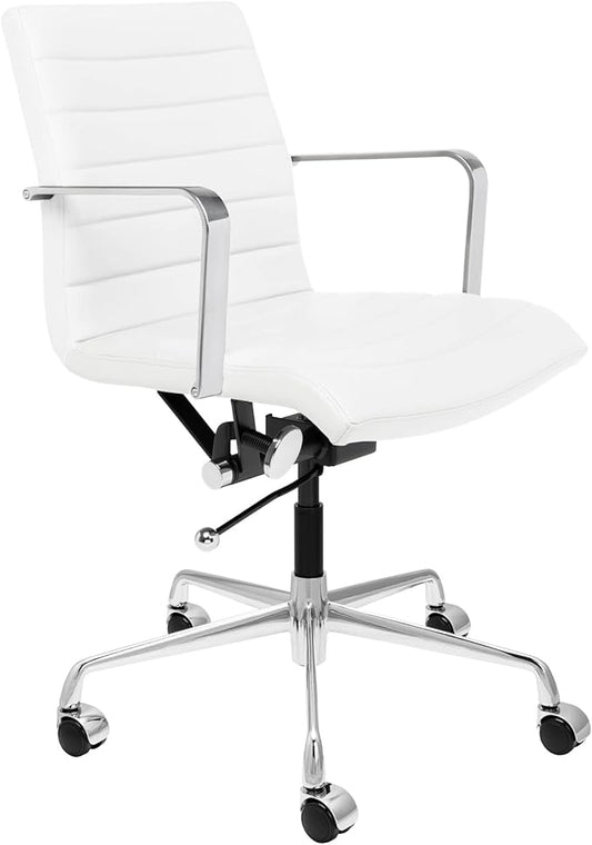 Laura Davidson Furniture SOHO II Ribbed Office Chair - Mid Back Desk Chair, Ergonomically Designed with Arm Rest & Swivel, Made of Faux Leather, White, Computer Chair