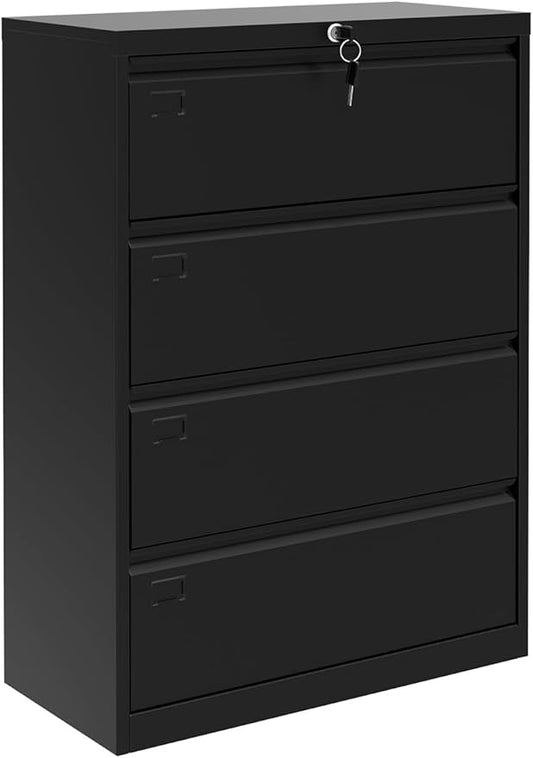 GarveeHome 4-Drawer Lateral File Cabinet with Lock,Heavy Duty Steel Office Storage for Letter/Legal/A4 Documents, Easy Assembly Space-Saving Design - Black