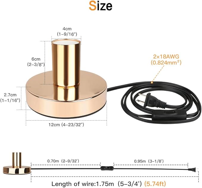 Helunsi Industrial Table Lamp, Gold E26 E27 Base Without Shade, Mini Short Desk Lamp Exposed Bulb, Simple Metal Edison Light Bulb Stand, 5.8ft Cord Switch Plug Holder