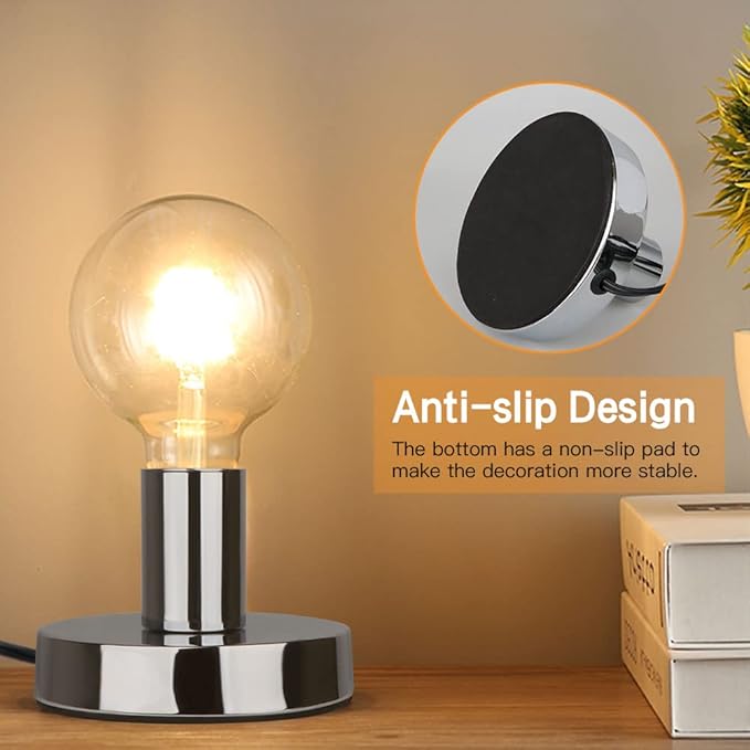 Helunsi Industrial Table Lamp Base, Silver E26 E27 Lamp Base Without Shade, Mini Short Desk Lamp Exposed Bulb Base, Simple Metal Edison Light Bulb Stand, with 5.8ft Cord Switch Plug Bulb Base Holder
