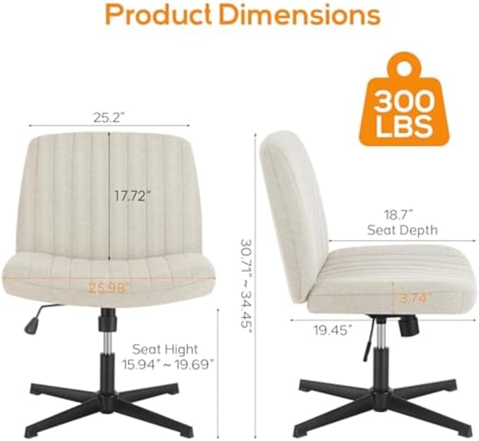 DUMOS Criss Cross Chair Legged Office Wide Comfy Desk Seat, No Wheels Armless Computer Task Seating, Swivel Vanity Home Height Adjustable