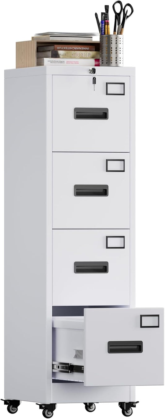 METAN 4 Drawer File Cabinet on Wheels, Lockable Metal Filing Cabinet with Handle and Name Card for Office Home,Assembly Required,White