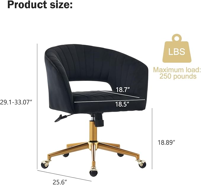 Nrizc Velvet Office Desk Chair, Upholstered Home Office Desk Chairs with Adjustable Swivel Wheels, Ergonomic Office Chair for Living Room, Bedroom, Office, Vanity Study (Black)