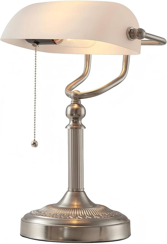 Newrays White Matted Glass Bankers Desk Lamp with Pull Chain Switch Plug in Fixture,Sand Nickel Base