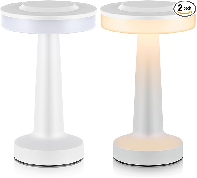 Riakrum Set of 2 LED Portable Cordless Table Lamp with Touch Sensor 3 Color Stepless Dimming Rechargeable Battery up to 15 Hours Cordless Table Light Wireless Lamp for Nursery(White,2 Pcs)