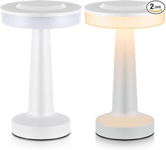 Riakrum Set of 2 LED Portable Cordless Table Lamp with Touch Sensor 3 Color Stepless Dimming Rechargeable Battery up to 15 Hours Cordless Table Light Wireless Lamp for Nursery(White,2 Pcs)