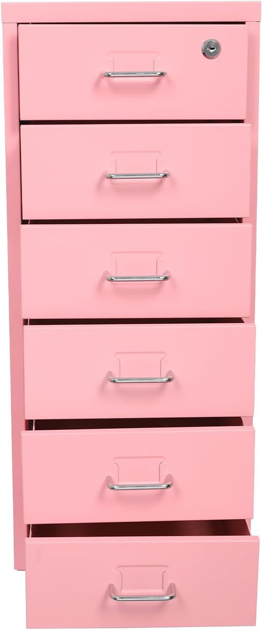 TFCFL Mobile File Cabinet 6 Drawer Vertical File Cabinet with Wheels Metal File Cabinet with Lock for Home Office, 11" D x 16" W x 27" H (Pink)