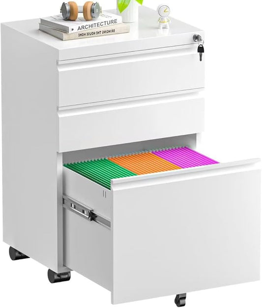Superday File Cabinet 3 Drawer, Metal Rolling Vertical Filing Cabinet with Wheels, Small Under Desk File Cabinets for Home Office (White)