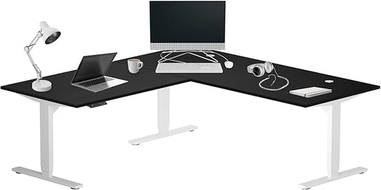 Progressive Desk Height Adjustable Electric Standing Desk - L Shaped 72" x 72" Computer Stand Up Rising Workstation Corner Table - White Frame, Ebony Oak Top