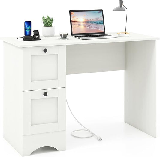 Tangkula White Desk with Drawers & Charging Station, Wooden Home Office Desk PC Laptop Notebook Desk, Compact Study Desk Writing Desk, Computer Workstation Ideal for Home & Office