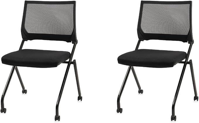 CLATINA Stackable & Foldable Waiting Room Chairs, Conference Room Chairs with Wheels & Lumbar Support, Ergonomic Mesh Bouncing Back Folding Chair for Office Meeting Schools Training, Black, 2PK