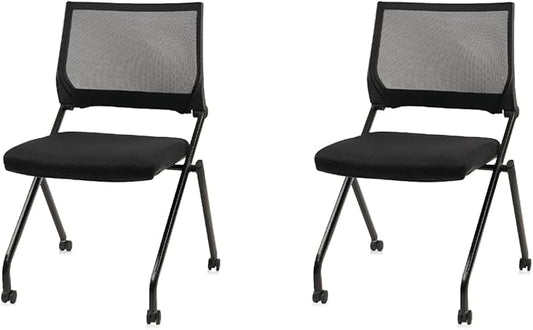 CLATINA Stackable & Foldable Waiting Room Chairs, Conference Room Chairs with Wheels & Lumbar Support, Ergonomic Mesh Bouncing Back Folding Chair for Office Meeting Schools Training, Black, 2PK
