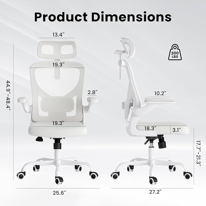 Soohow Ergonomic Office Chair, Office Mesh Desk Chair with Adjustable Lumbar Support Armrests, Comfy Computer Desk Chair with Headrest, for Home and Office, White & White