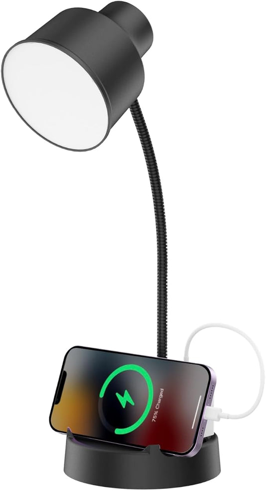 Energetic LED Desk Lamp with Phone Holder, Table Lamp with AC Outlet, Adjustable Flexible Gooseneck, 4000K, Eye-Care Reading Light for Bedroom, Study, Computer Desk, Living Room, Home Office, Black