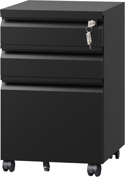 DEVAISE 3 Drawer File Cabinet with Lock, Black Metal Mobile Filing Cabinet Under Desk, Home Office Furniture fits A3/A4/Letter Size, 17" D x 15" W x 24" H