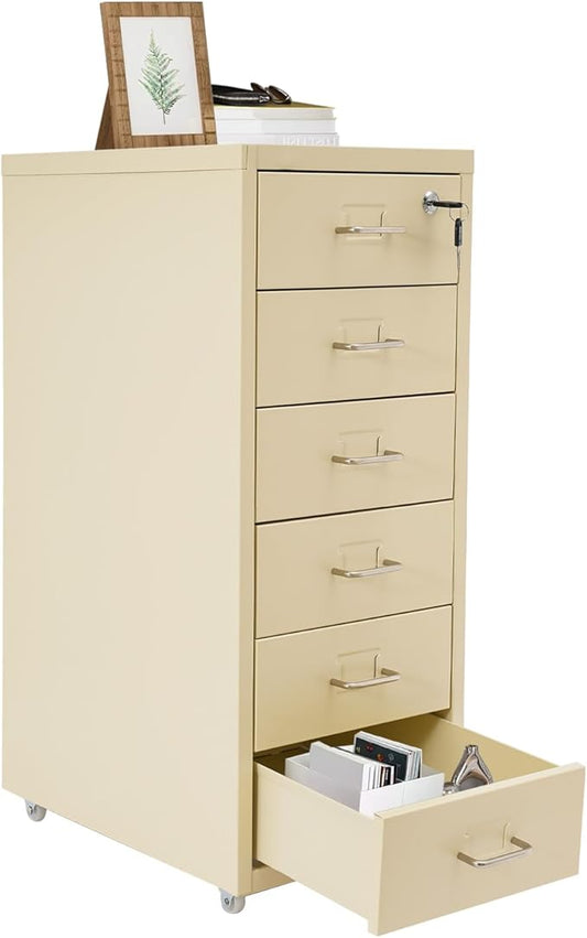 6 Drawers Rolling File Cabinet, Metal Filing Cabinets with Lock, 27 inch H Vertical Filing Organization Under Desk for Home Office, Heavy Duty Metal Storage Cabinet for A4/Letter/Legal Size File
