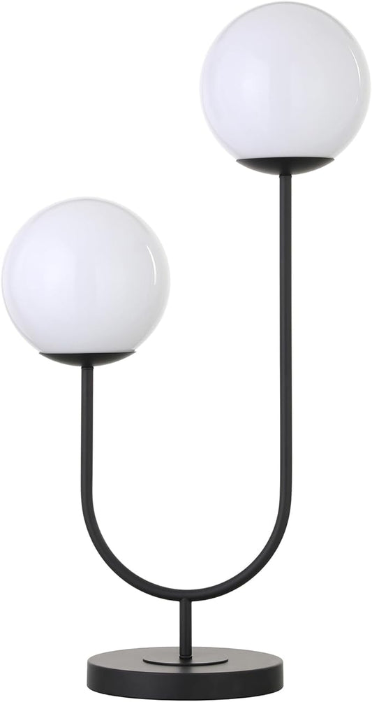 Henn&Hart 28'' Mid-Century Modern 2-Light U-Shaped Table Lamp with White Milk Glass Globe Shade for Living Room, Bedroom, or Office, Blackened Bronze