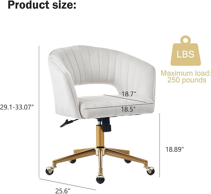 Nrizc Velvet Office Desk Chair, Upholstered Home Office Desk Chairs with Adjustable Swivel Wheels, Ergonomic Office Chair for Living Room, Bedroom, Office, Vanity Study (Beige)
