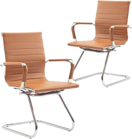 No Wheels Reception Chairs Leather Conference Chairs Back Support Heavy Duty Office Guest Chair, Set of 2 (Terracotta)