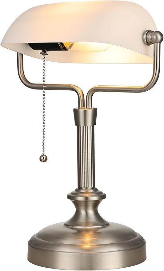 Traditional Banker's Desk Lamp with Glass Shade,Pull Chain Switch, LED Bulb Included (Satin Nickle+White)