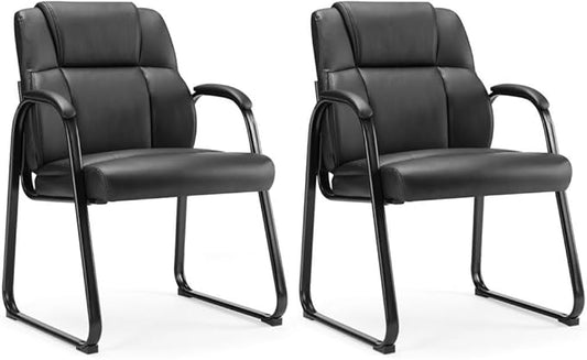 PU Leather Conference Room Chair, Tall Back Chairs with with Padded Arms and No Wheels, Guest Chairs of 2 for Reception Waiting Room Black
