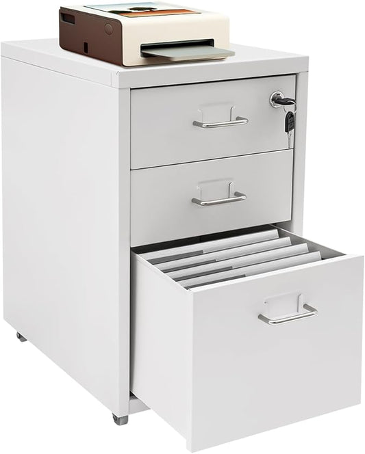 3 Drawers Rolling File Cabinet, Metal Filing Cabinets with Lock, 18.3 inch H Vertical Filing Cabinet Under Desk for Home Office, Heavy Duty Metal Storage Cabinet for A4/Letter/Legal Size File