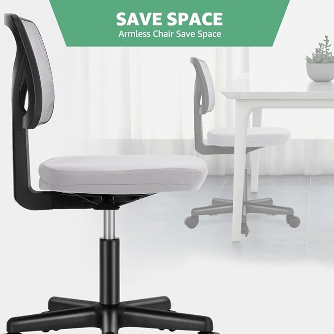 Armless Mesh Office Chair, Ergonomic Low Back Deskchair, Adjustable Rolling Task Computer Swivelchairs for Small Spaces Home Bedroom Study, Gray