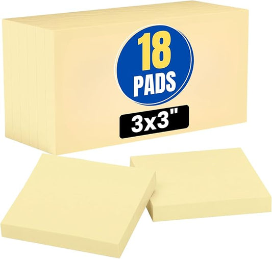 1InTheOffice Sticky Notes Yellow, Sticky Notes 3x3, Self Stick, 18/Pack = 100 Sheet/Pack