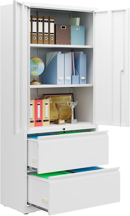 DEVAISE 71" Metal Storage Cabinet, 2-Drawer Lateral File Cabinet, Adjustable Shelves & Doors, White Garage Storage Cabinet, Heavy Duty Tall Cabinet for Home Office, Garage Organization