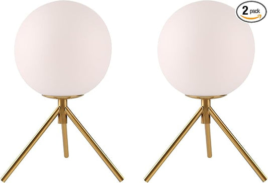 Gold Table Lamps Set of 2, Mid Century Modern Globe Desk Lamp with Milk White Glass Shade Metal Tripod Base, Vintage Bedside Lamp Small Round Table Lamps for Bedroom Living Room Study