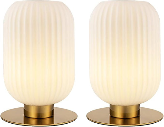 Mid Century Modern Bedside Lamp Set of 2, White Nightstand Lamp Glass Bedside Lamp with Round Metal Base, Vintage Gold Table Lamp Small Table Lamp for Bedroom Living Room Office