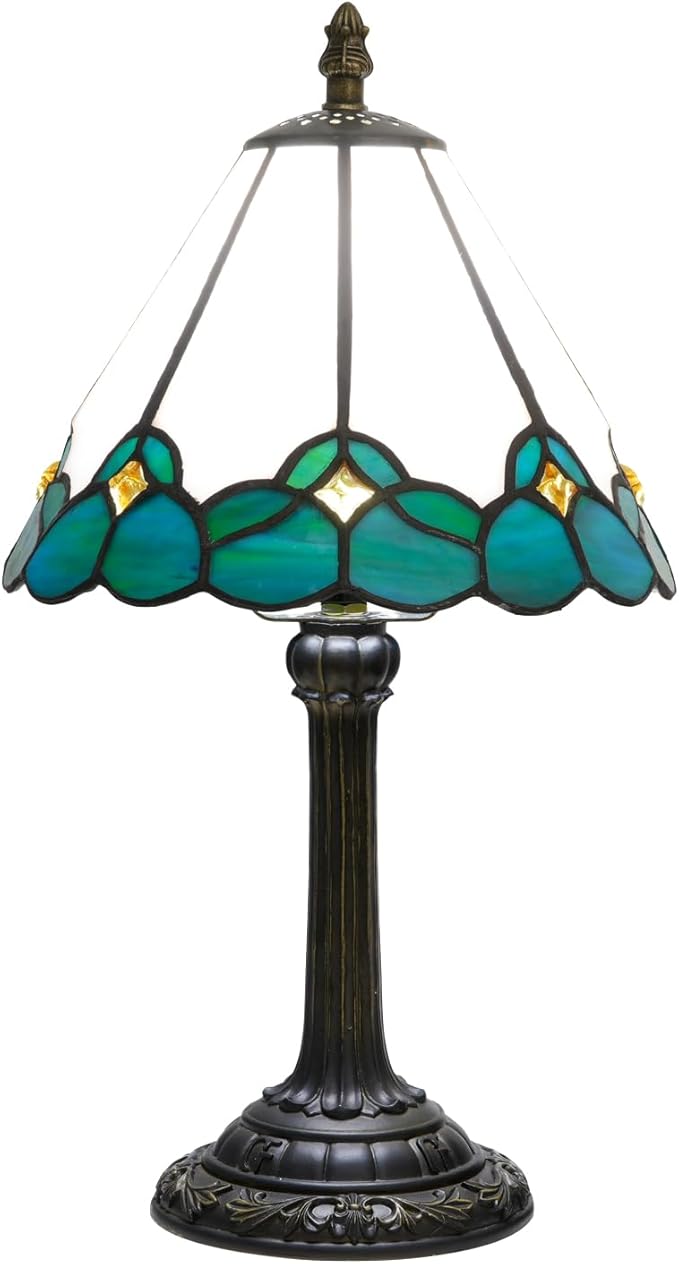 White Tiffany Lamp Small Bedside Dector Light Vintage Stained Glass Table Lamp Living Room Night Lamp Farmhouse Cute Blue Green Butterfly Wings Style Bedroom Nightstand Desk Lamps 8 Inch Mini Gift