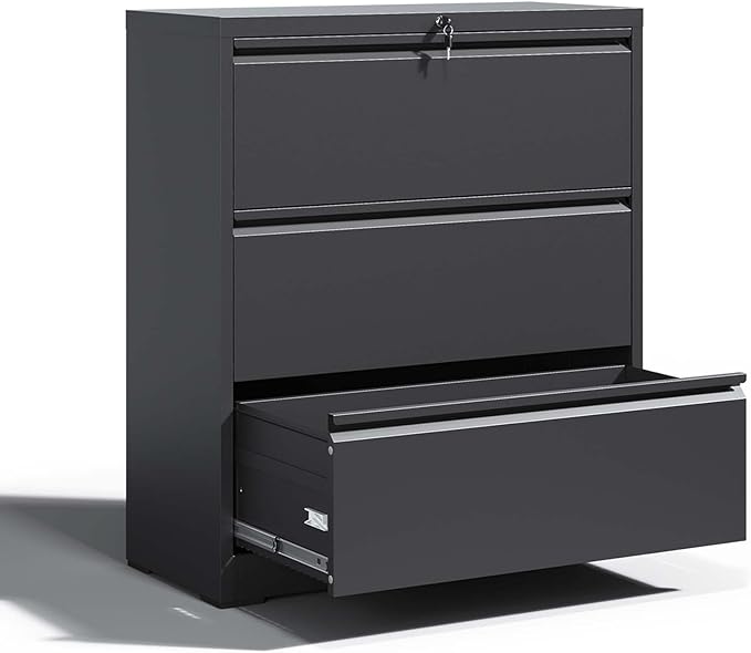 Lateral File Cabinet with 3 Drawer Heavy Duty Large Metal File Cabinets with Lock Home Office Black Filing Cabinets Wide Steel Cabinet for Legal/Letter Size File,Assembly Required