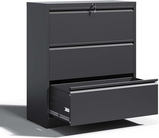 Lateral File Cabinet with 3 Drawer Heavy Duty Large Metal File Cabinets with Lock Home Office Black Filing Cabinets Wide Steel Cabinet for Legal/Letter Size File,Assembly Required