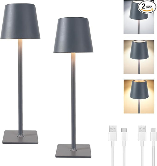 MIOBLUE 2 Pack Cordless Table Lamp,Portable LED Desk Lamp, 5200mAh Battery Operated, 3 Color Dimmable Table Light for Restaurant,Coffee Shop Night Light,Bedroom,Bars,Outdoor Party,Camping（Dark Grey）