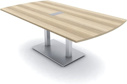 SKUTCHI DESIGNS INC. 8' Arc Rectangle Conference Table with Square Metal Base | 2 Data and Power Modules| Harmony Series | 8' Person Meeting Room Table | Blonde Surfside Ash