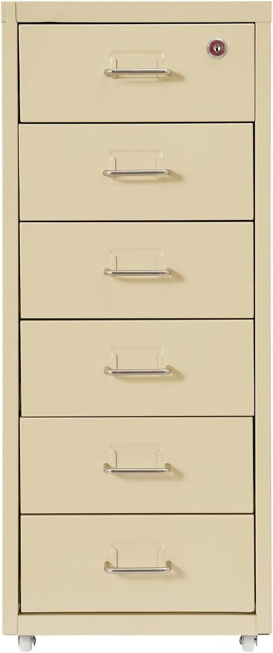 TFCFL Mobile File Cabinet 6 Drawer Vertical File Cabinet with Wheels Metal File Cabinet with Lock for Home Office, 11" D x 16" W x 27" H (Beige)