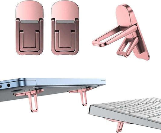 2PCS Zinc Alloy Mini Foldable Laptop Stand, Portable Computer Keyboard Riser with 2 Adjustable Angles, Self-Adhesive Invisible Notebook Stand and Keyboard Lift for Desk (Pink)