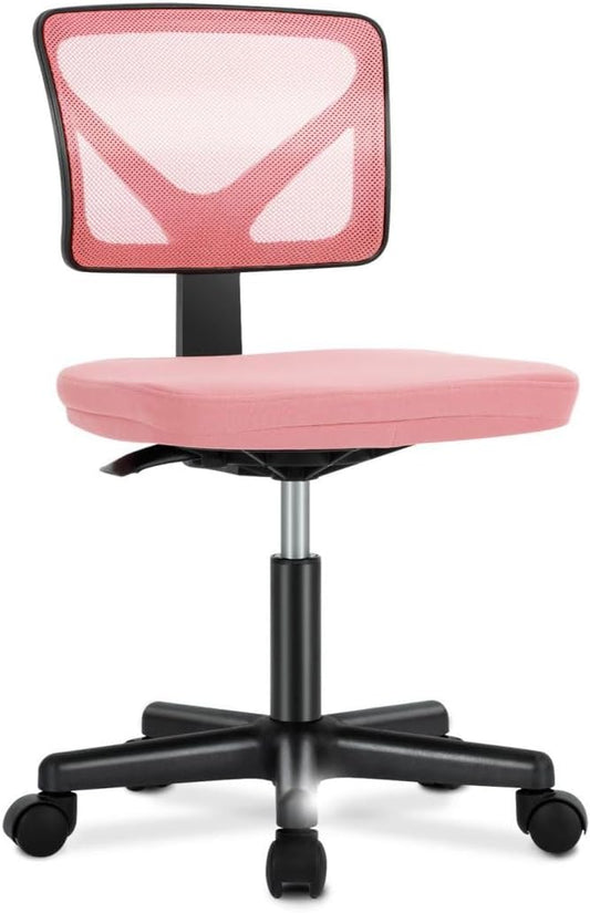 Armless Mesh Office Chair, Ergonomic Low Back Deskchair, Adjustable Rolling Task Computer Swivelchairs for Small Spaces Home Bedroom Study, Pink