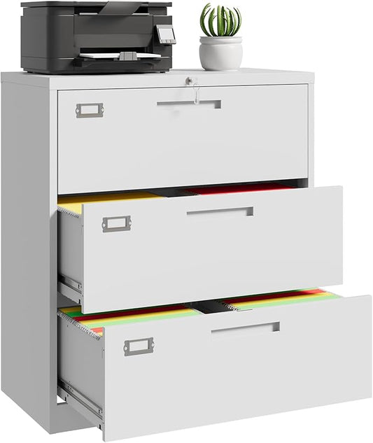 Lateral File Cabinet, Metal Filing Cabinet with Lock, 3 Drawer File Cabinets for Home Office, Office Cabinet for Hanging Files Letter/Legal/F4/A4, Assembly Required, White