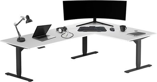 Progressive Desk Stand Up Height Adjustable Standing Desk - L Shaped 83" x 55" Corner Computer Rising Workstation Electric Table - Warm White, Black Frame