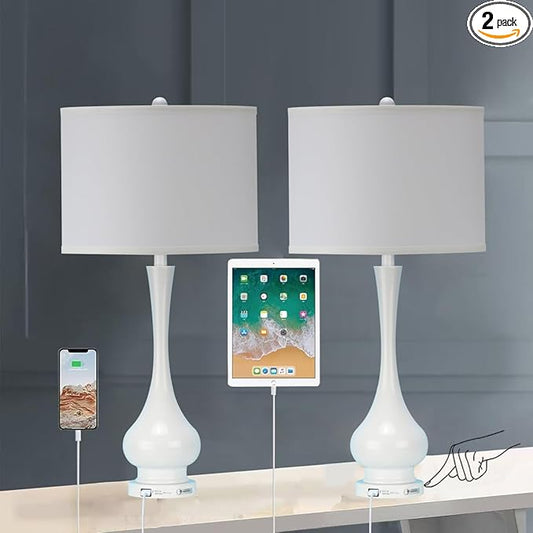 Table Lamps for Living Room Set of 2,30" Tall Bedside Farmhouse Lamps,Bedroom Nightstand Lamps with USB Port, 3-Way Dimmable Modern Large Table Lamps with White Shade (Bulbs Included)