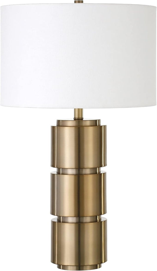 Henn&Hart 27'' Mid-Century Modern 1-Light Table Lamp with White Fabric Drum Shade for Living Room, Bedroom, or Office, Brass