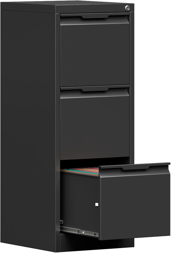 Coolsun 3 Drawer Vertical File Cabinet with Lock, Metal Filing Cabinet for Home Office, Locking File Cabinet for A4/F4/Legal/Letter, Assembly Required (Black, 3 Drawer)