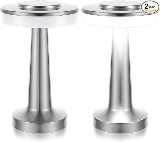 Riakrum Set of 2 LED Portable Cordless Table Lamp with Touch Sensor 3 Color Stepless Dimming Rechargeable Battery up to 15 Hours Cordless Table Light Wireless Lamp for Nursery(Silver,2 Pcs)