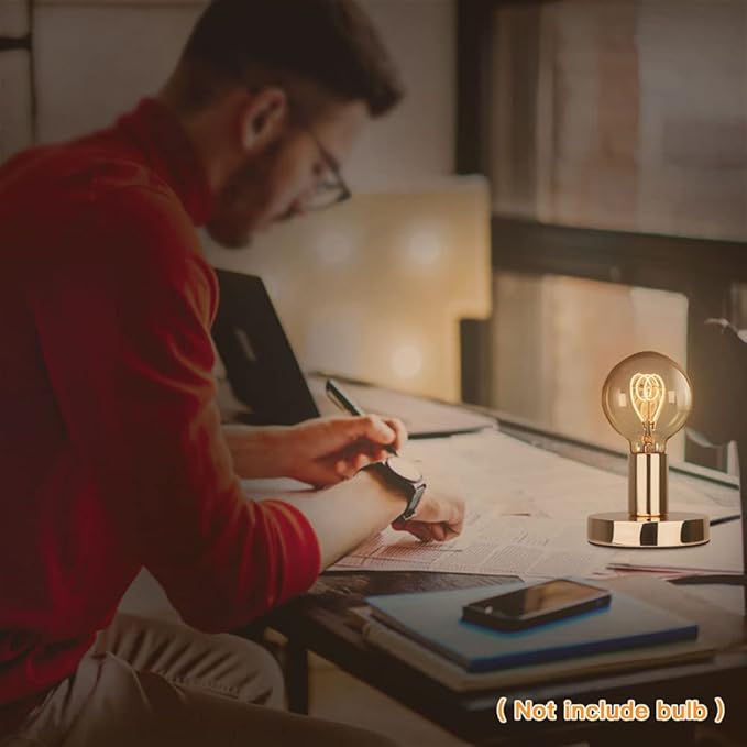 Helunsi Industrial Table Lamp, Gold E26 E27 Base Without Shade, Mini Short Desk Lamp Exposed Bulb, Simple Metal Edison Light Bulb Stand, 5.8ft Cord Switch Plug Holder