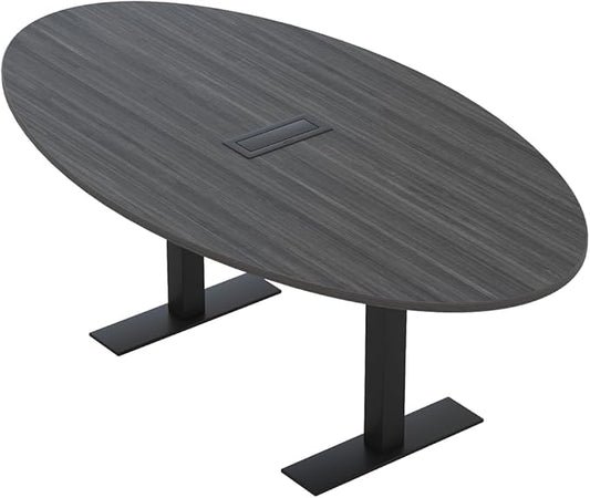 SKUTCHI DESIGNS INC. 6 Person Oval Conference Table with Data and Electric | Harmony Series | 4'X7' Table | Asian Night with Matte Black Base