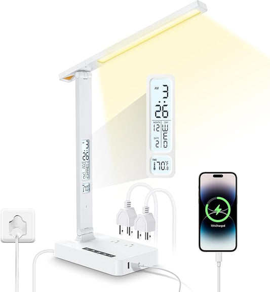 Power Strip with LED Desk Lamp, 2 Outlets 1 USB-A Ports 1 Type-C Ports, Small Desk Lamp with Surge Protection and Led Display, 5ft Extension Cord, 5 Color Modes 5 Brightness, Dorm Room Essentials