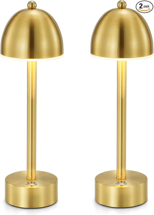 UMEXUS Rechargeable Cordless Mushroom Lamp Set of 2, Touch Dimmable, 5200mAh Small Battery Operated Lamp for Restaurant Bar Cocktail Table, Outdoor Patio Lights, Gold Brass