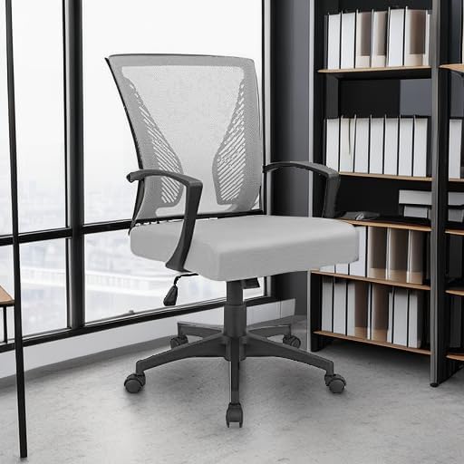 Furmax Office Chair Ergonomic Computer Desk Mesh Chair Mid Back Swivel Lumbar Support with Armrest (1, Gray)